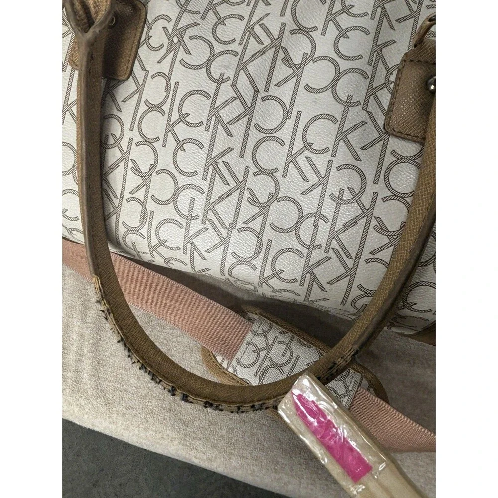 Calvin Klein Travel Weekender Duffle Bag All Over Logo Eggshell Beige Large 21”